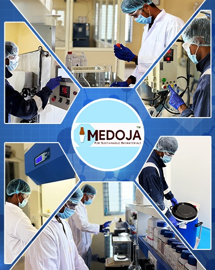 Medoja Bio laboratory — researcher formulating sustainable biomaterials for orthopedic applications